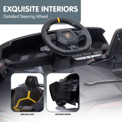 Car interior with steering wheel and detailed features, including a Lamborghini logo.