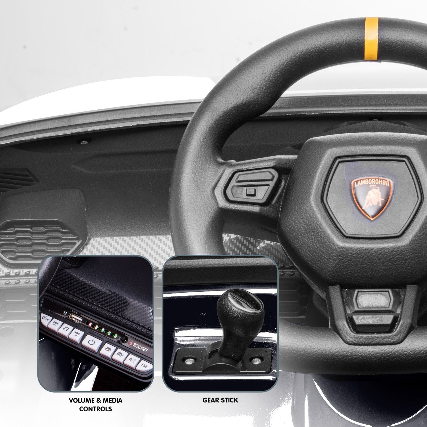 Car interior with steering wheel and control elements, featuring a prominent logo.