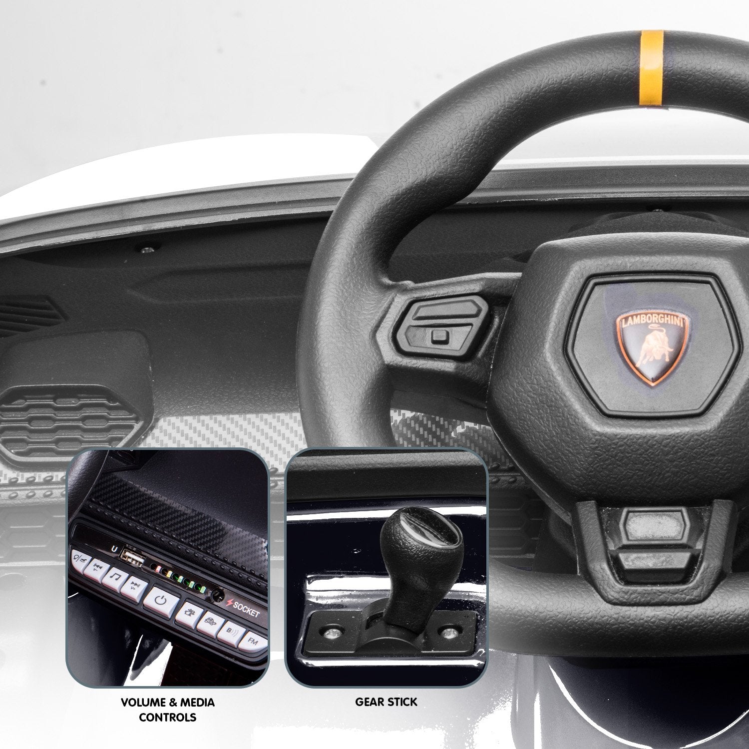 Car interior with steering wheel and control elements, featuring a prominent logo.