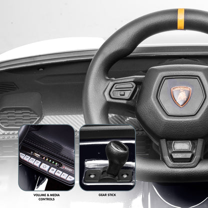 Car interior with steering wheel and control elements, featuring a prominent logo.