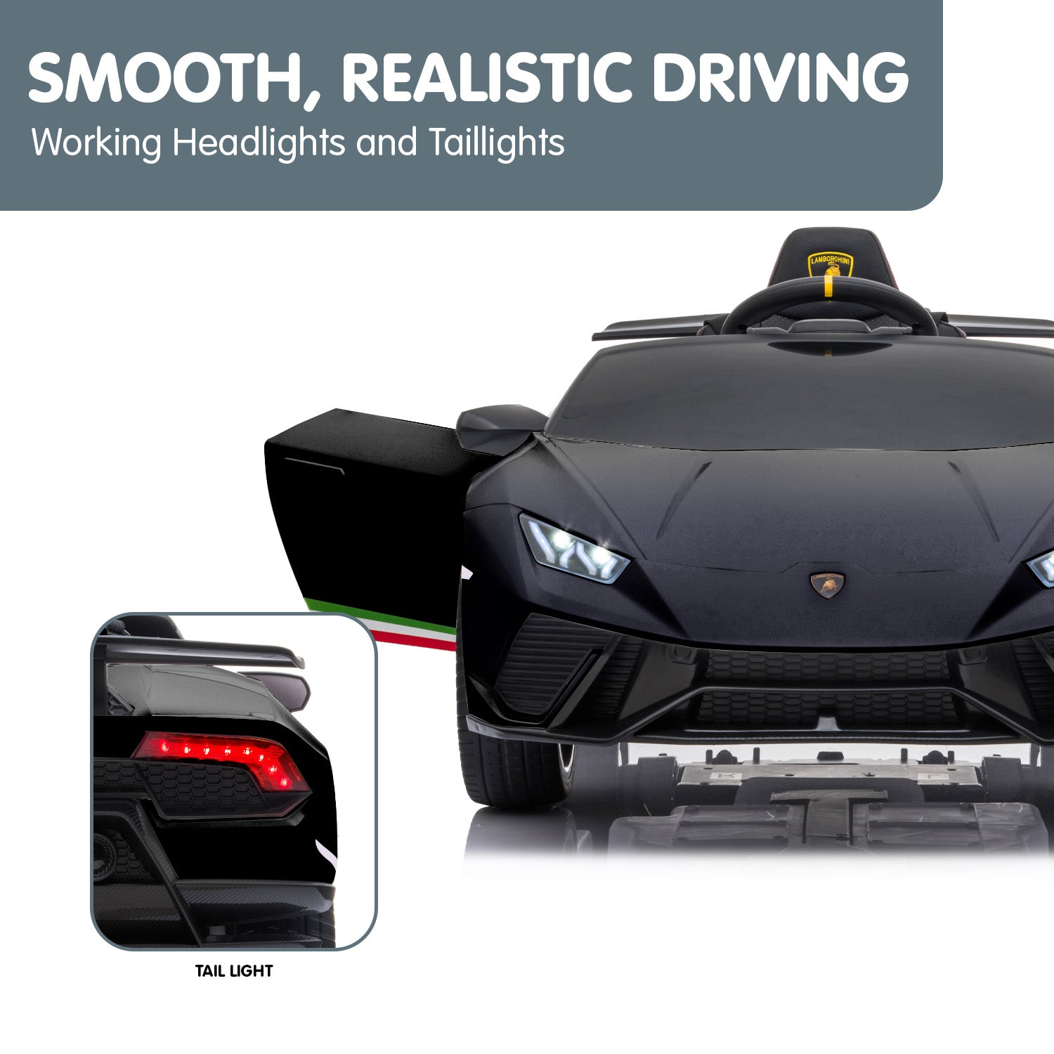 Black Lamborghini-style toy car with working headlights and tail lights on a white background.