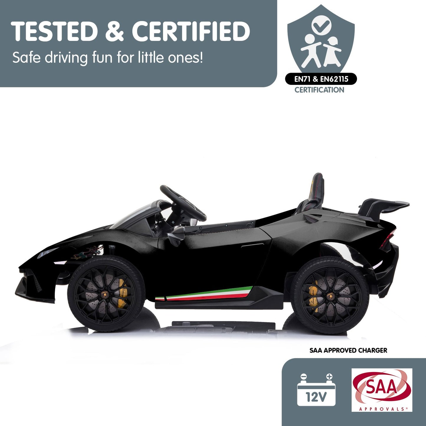 Black toy car with certification logos on a white background