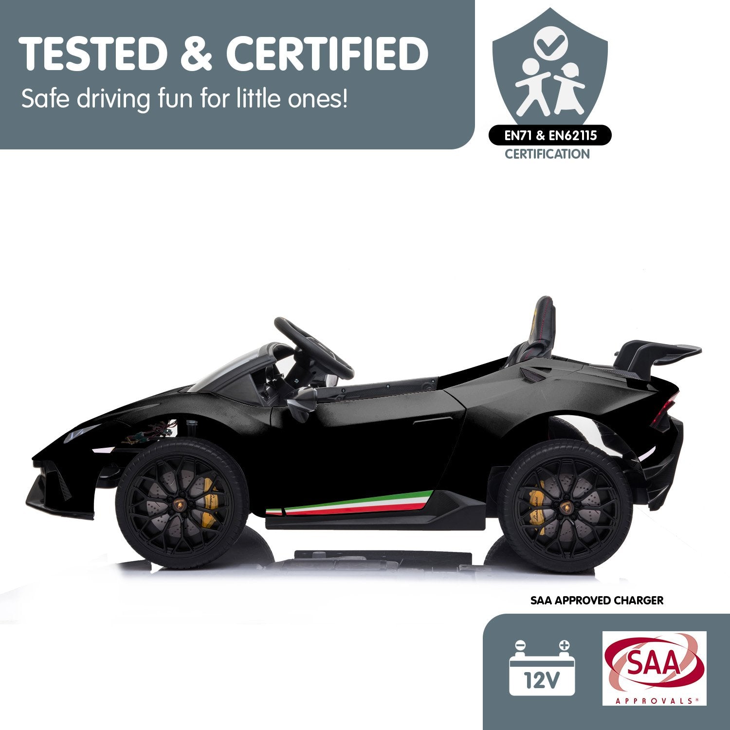 Black toy car with certification logos on a white background