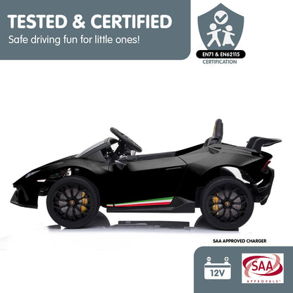 Black toy car with certification logos on a white background