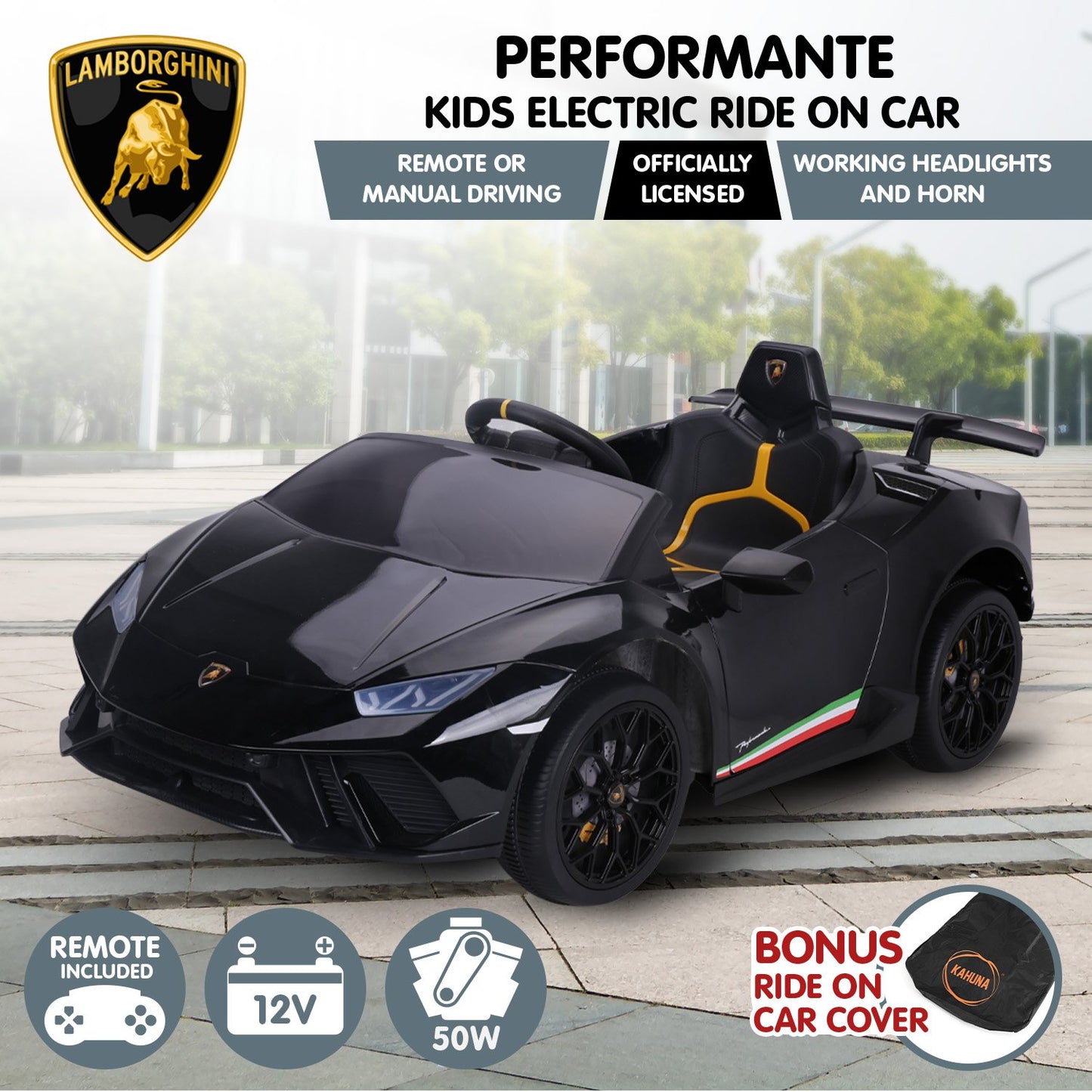Lamborghini kids electric ride-on car with remote control on a sidewalk.