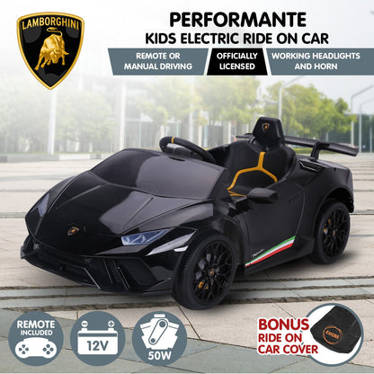 Lamborghini kids electric ride-on car with remote control on a sidewalk.