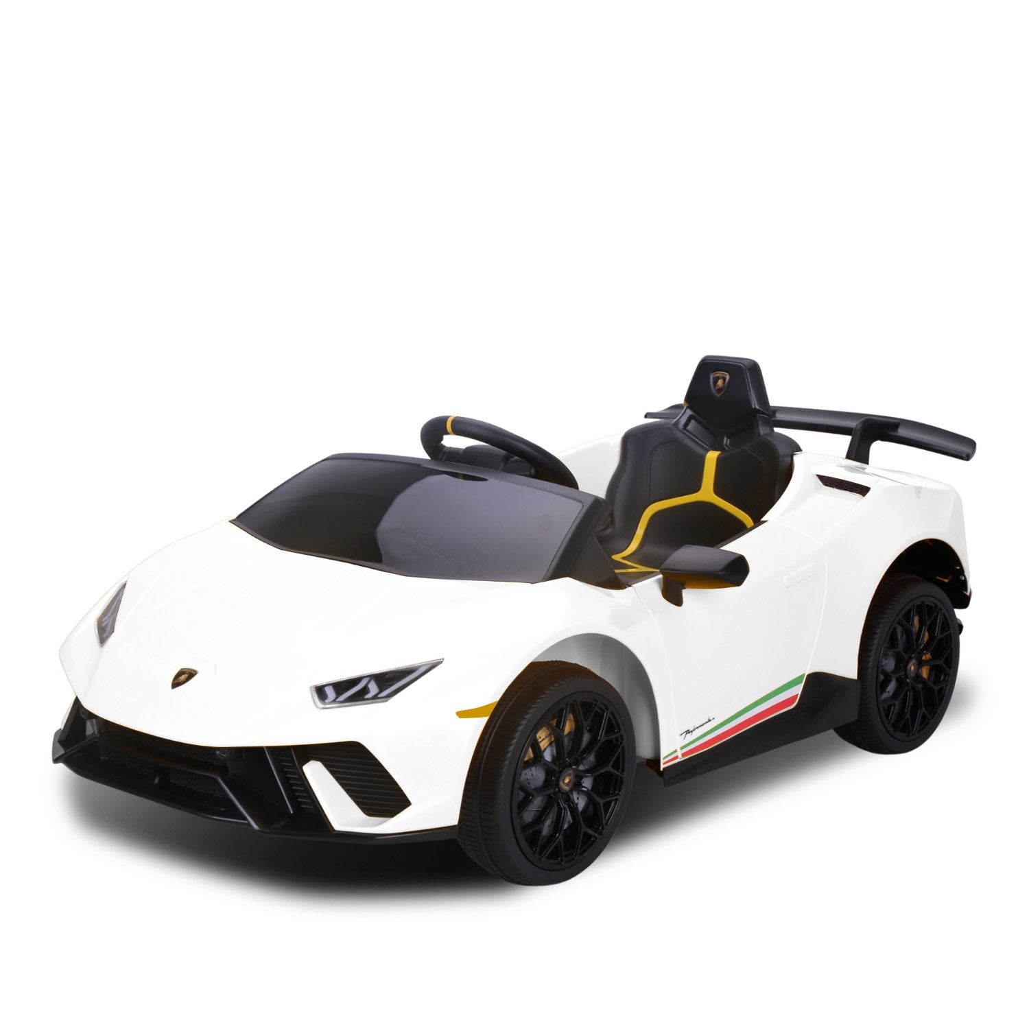 White toy car with black and yellow accents on a white background