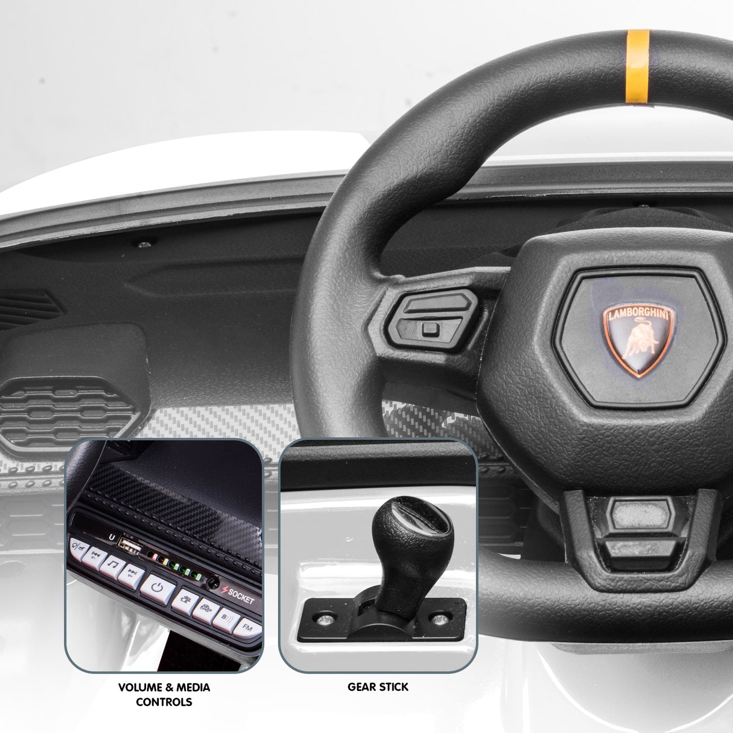 Car interior with steering wheel and control components on a white background
