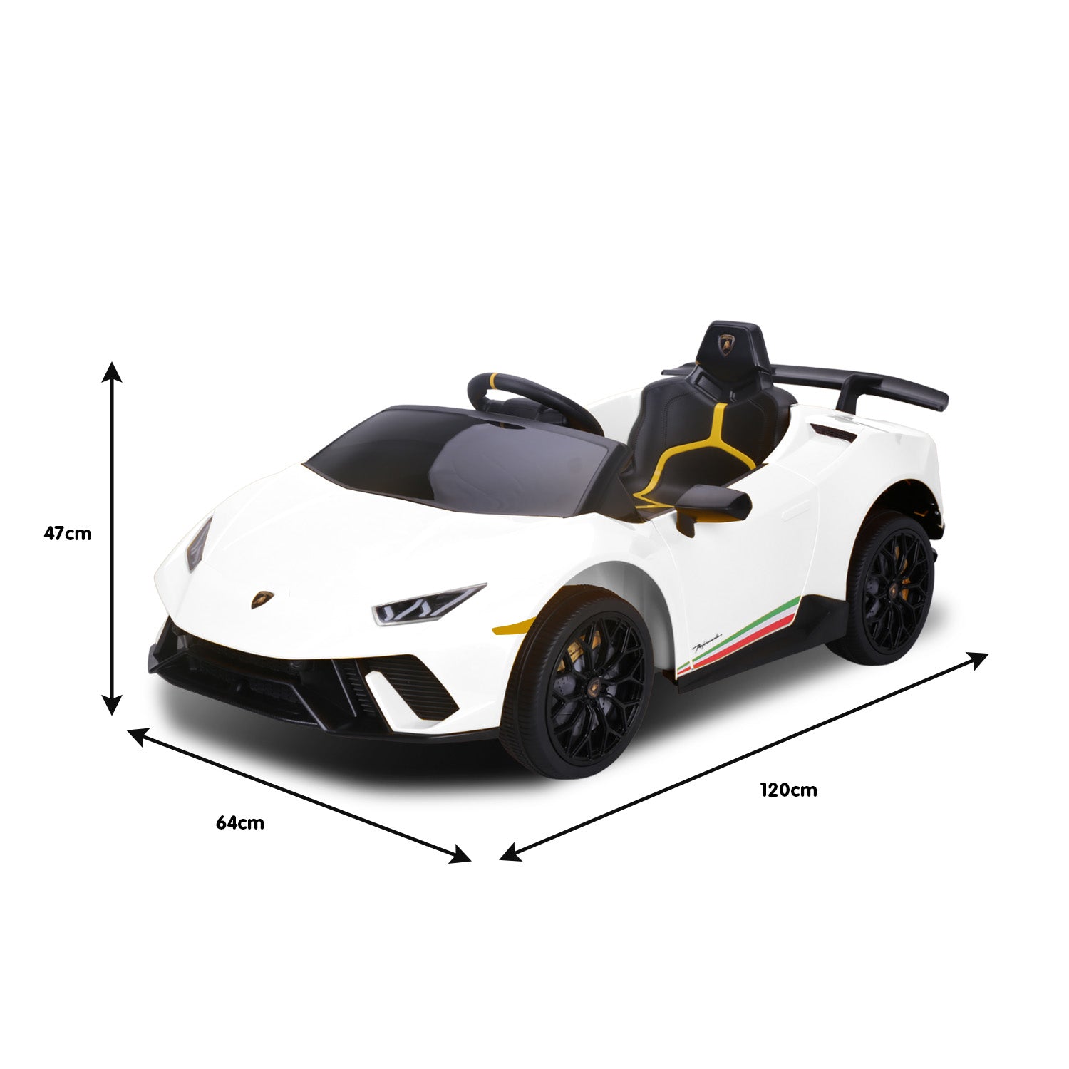 White toy car with dimensions indicated on a white background