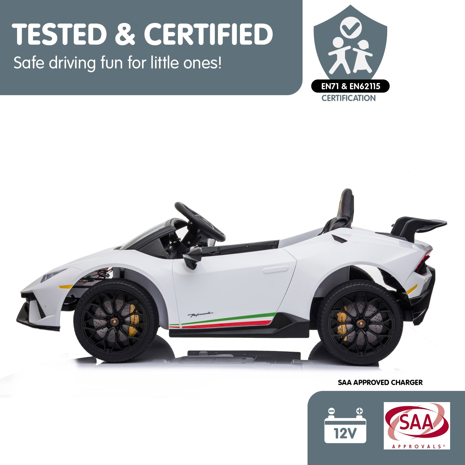 White toy sports car with certification logos on a white background