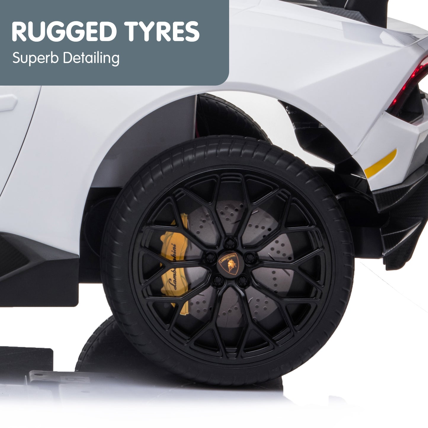 Close-up of a car wheel with 'Rugged Tyres' text on a white background