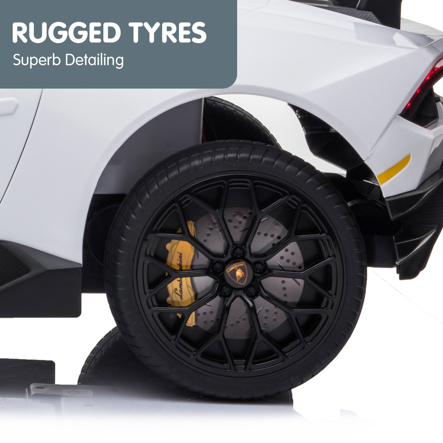 Close-up of a car wheel with 'Rugged Tyres' text on a white background