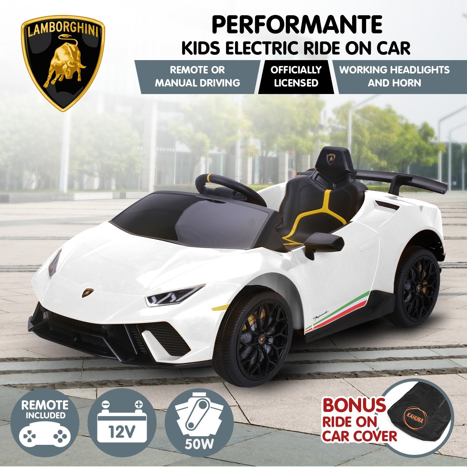 Lamborghini kids electric ride-on car with remote control on a city street background