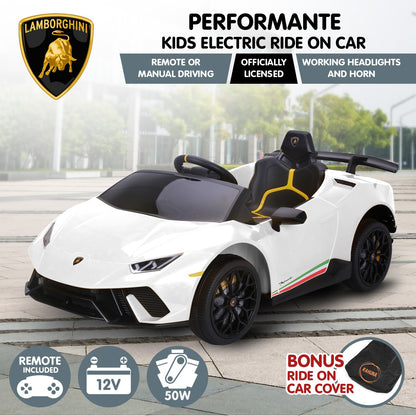 Lamborghini kids electric ride-on car with remote control on a city street background