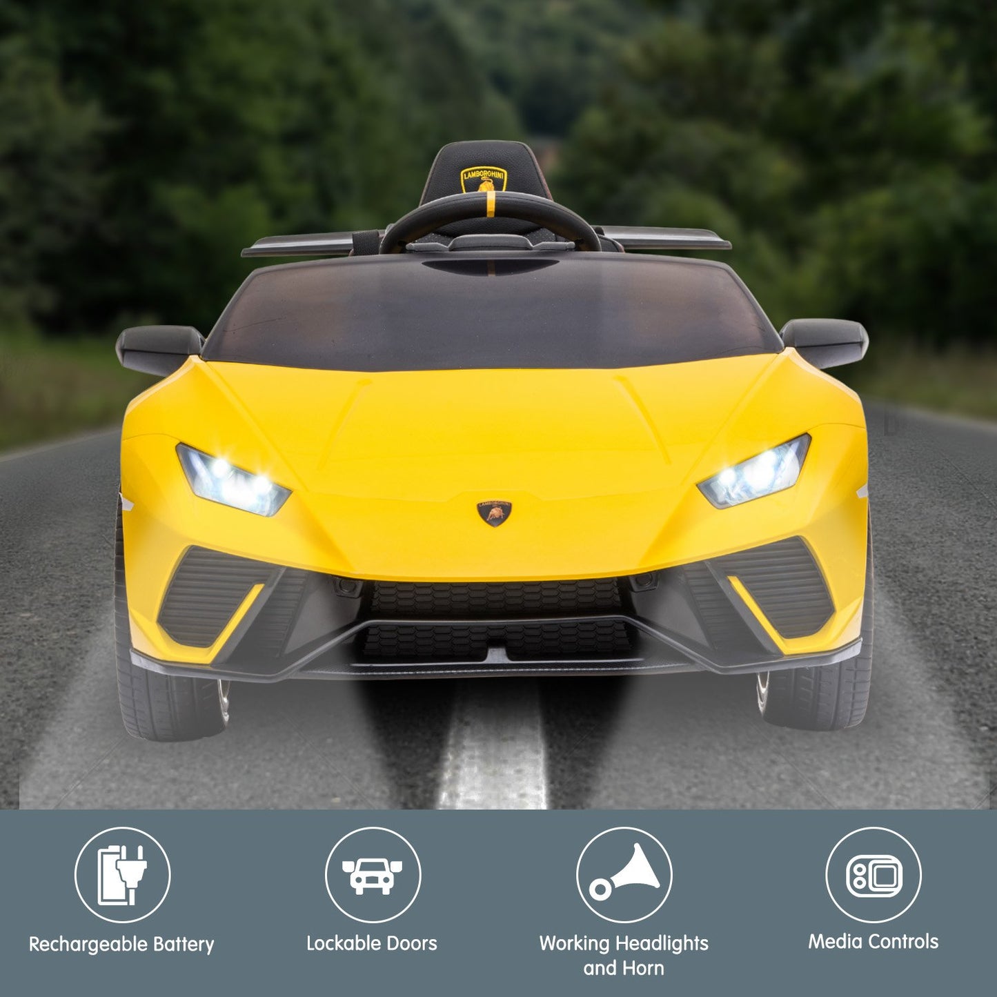 Yellow toy car with black roof on a road, featuring product features at the bottom.