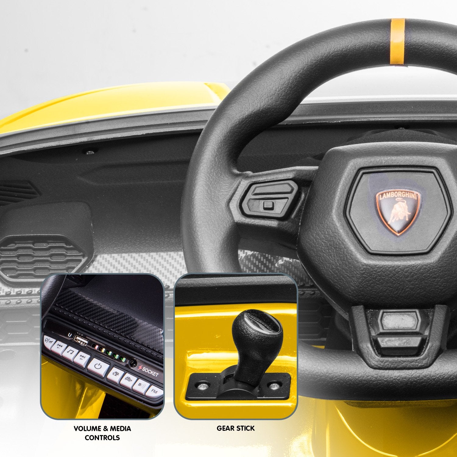 Steering wheel with Lamborghini logo and inset images of volume/media controls and gear stick.
