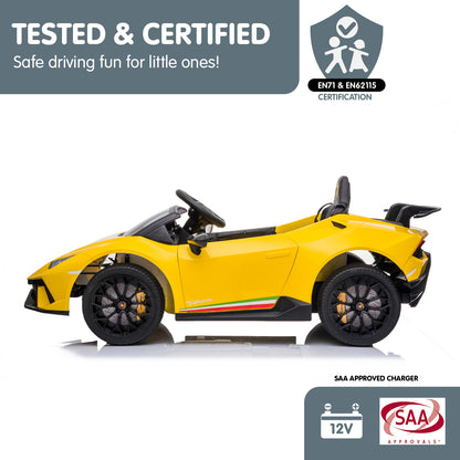 Yellow toy car with certification logos on a white background