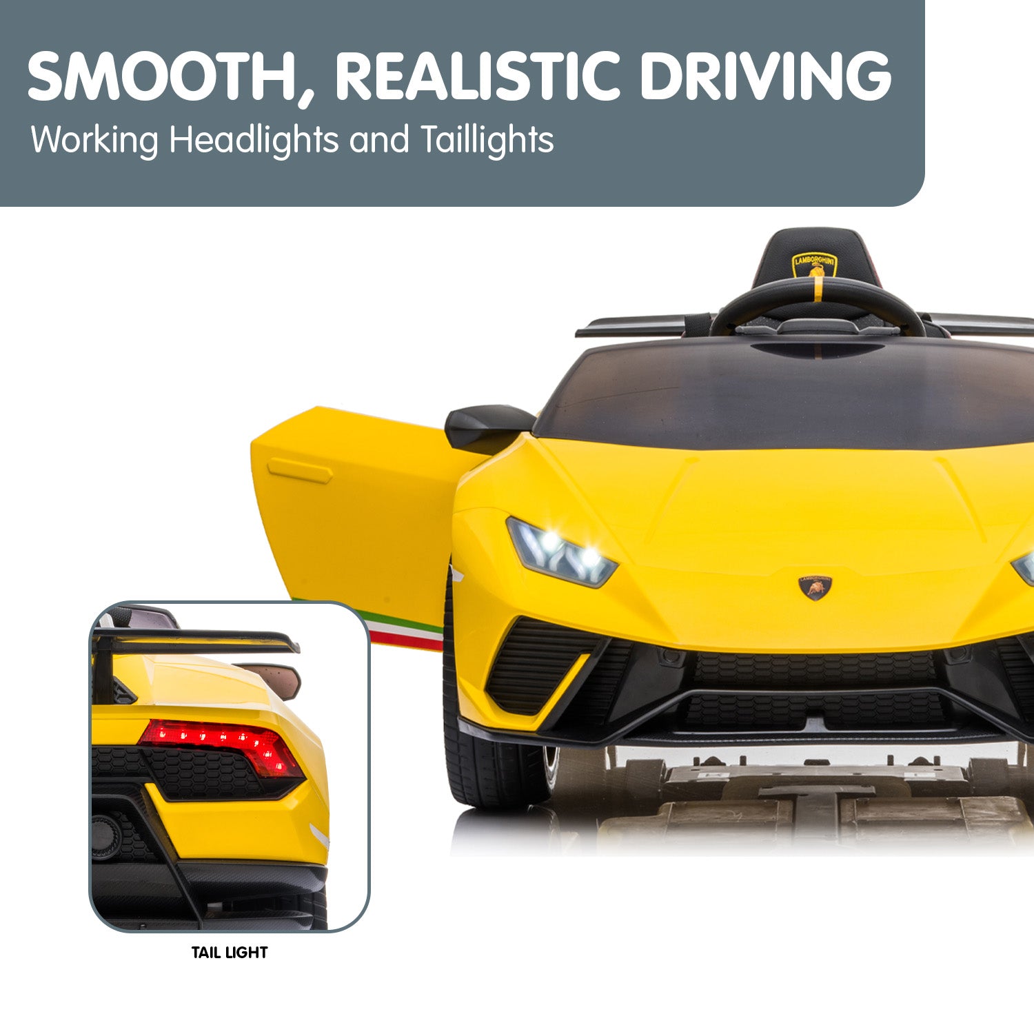 Yellow toy car with detailed headlights and tail lights on a white background