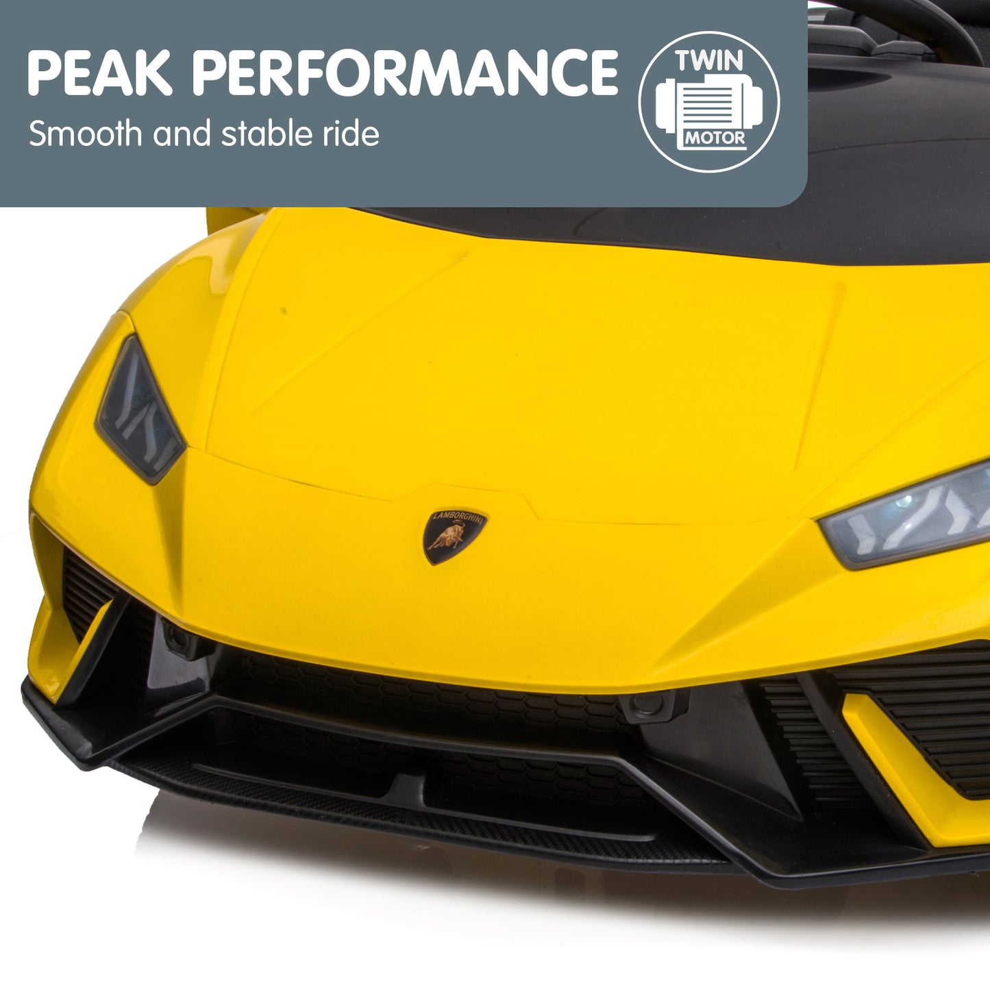 Yellow and black toy car with Lamborghini logo, featuring text about peak performance and twin motor system.