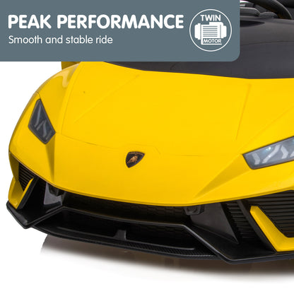 Yellow and black toy car with Lamborghini logo, featuring text about peak performance and twin motor system.