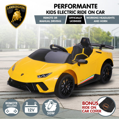 Yellow kids electric ride-on car with Lamborghini logo and features listed on a blurred outdoor background.