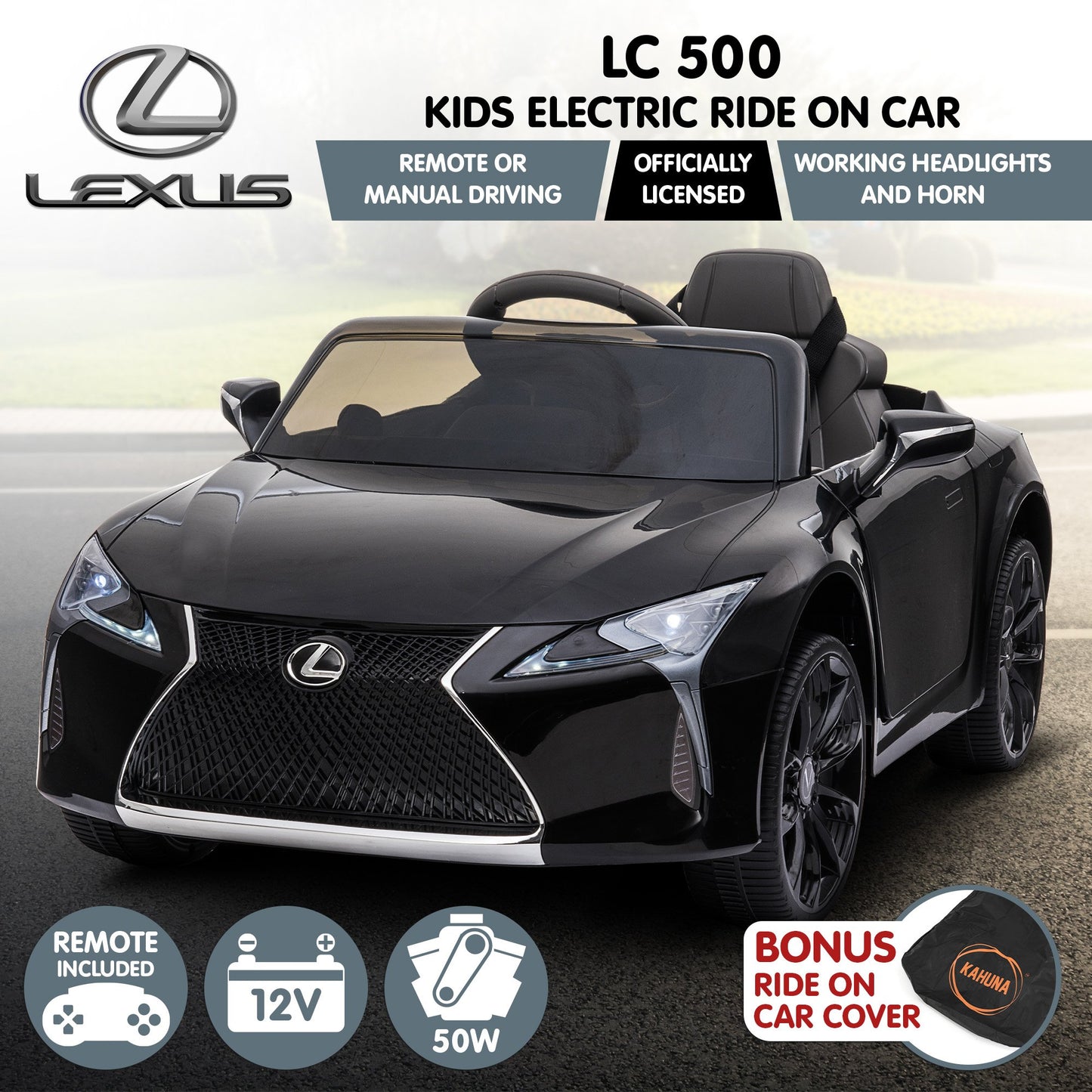 Black Lexus electric ride-on car with remote control on a road background