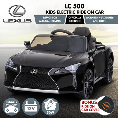 Black Lexus electric ride-on car with remote control on a road background