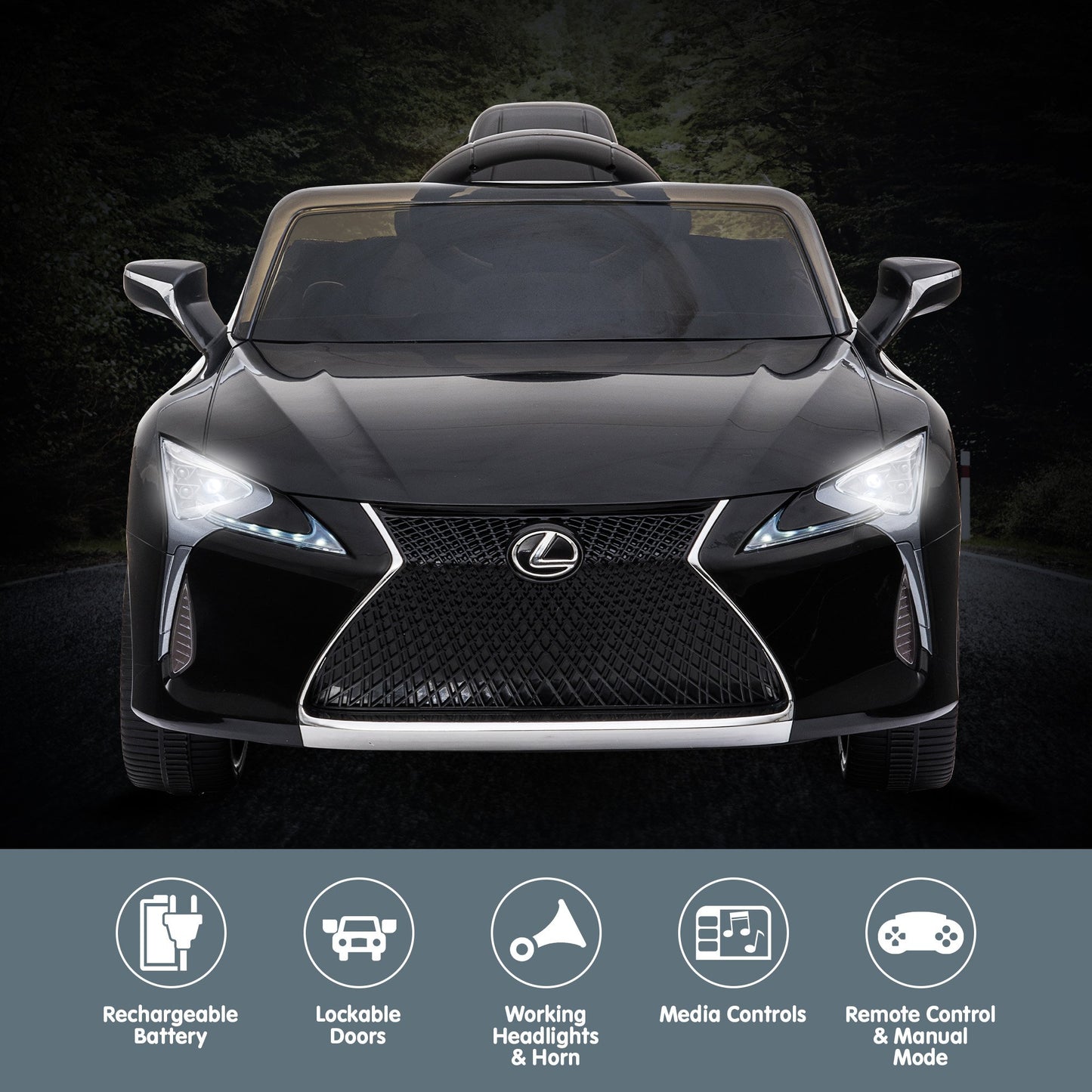 Black Lexus toy car with features listed below on a dark background