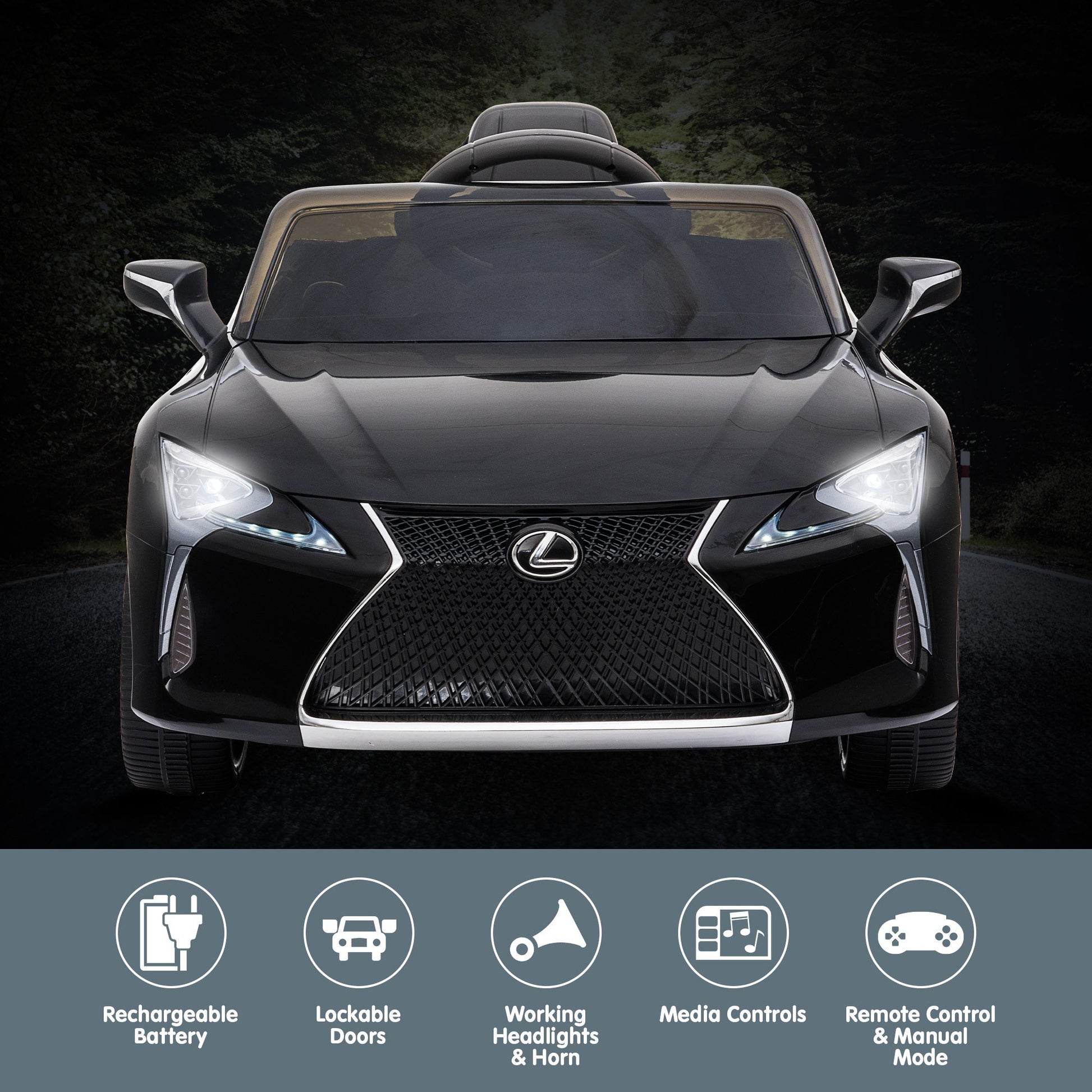 Black Lexus toy car with features listed below on a dark background