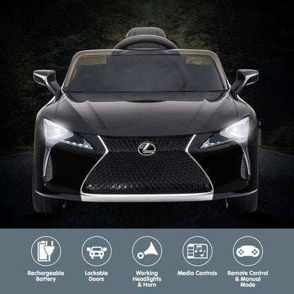 Black Lexus toy car with features listed below on a dark background