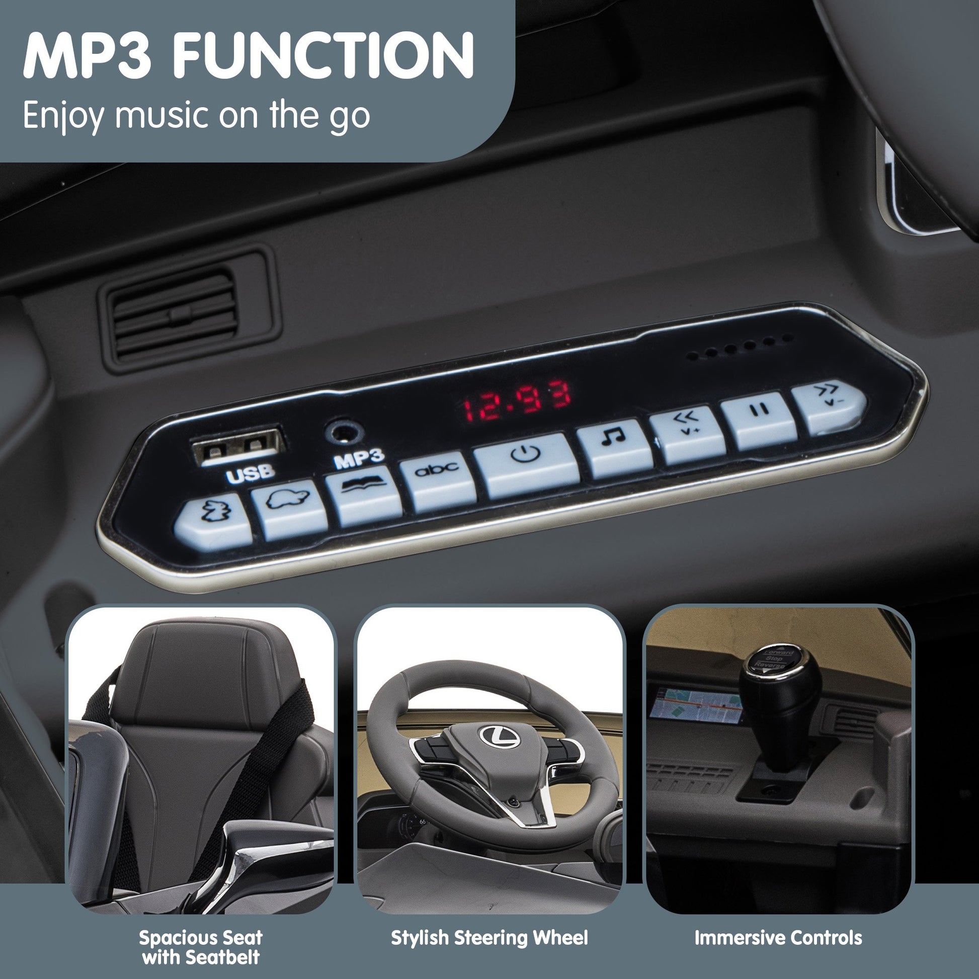 Car dashboard with MP3 player control panel and insets showing car interior features.