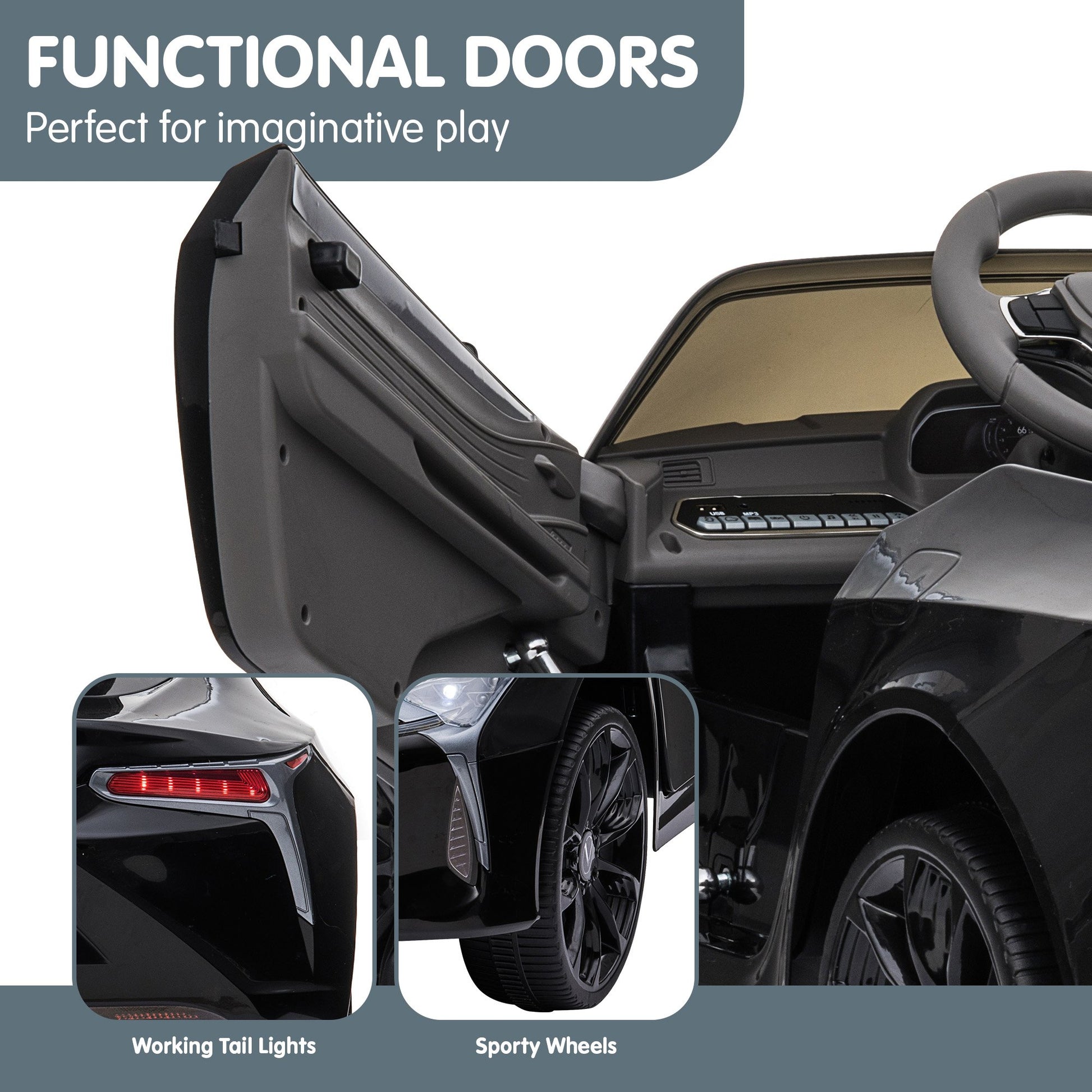 Toy car with open doors, working tail lights, and sporty wheels on a gray background.