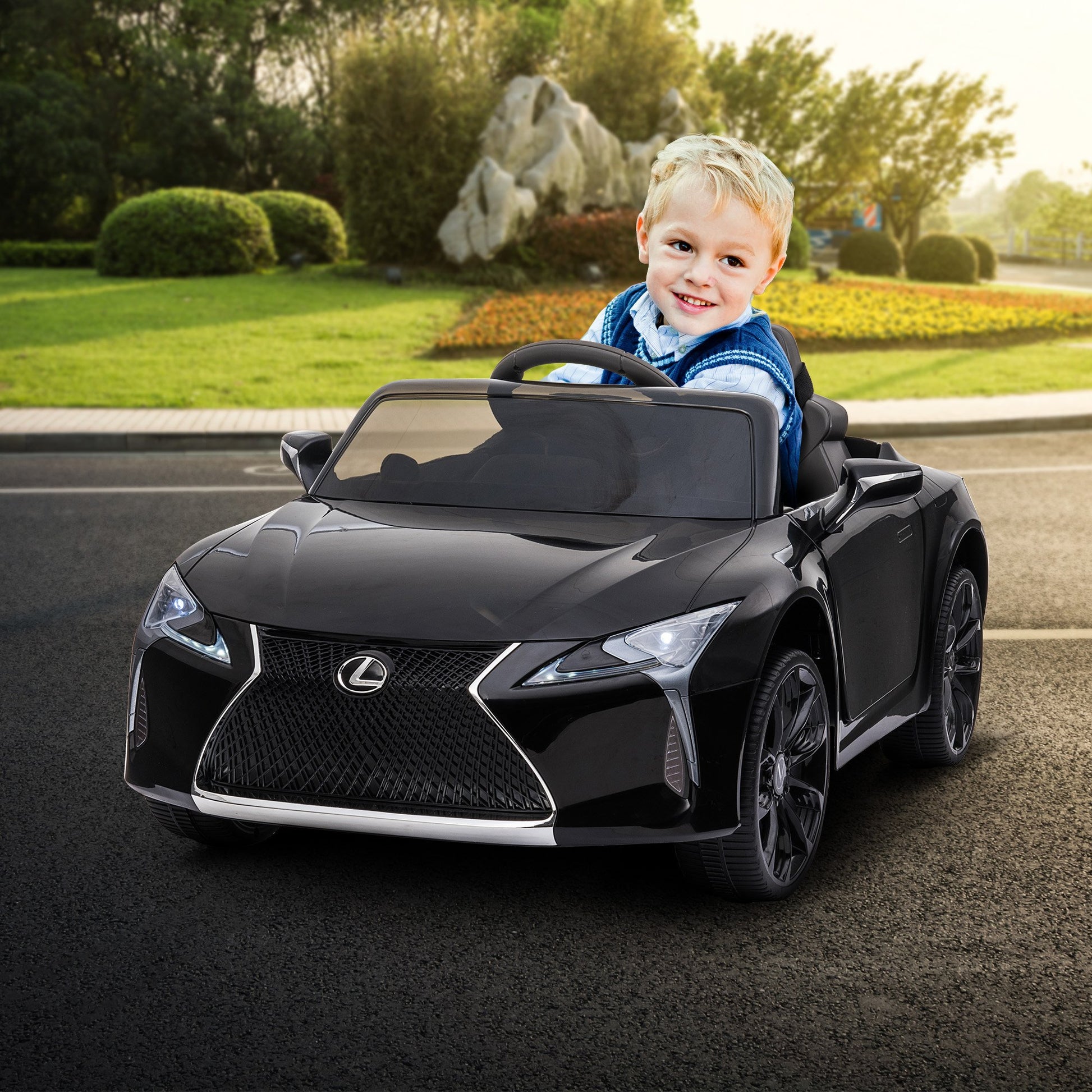 Child in a toy car with a scenic background