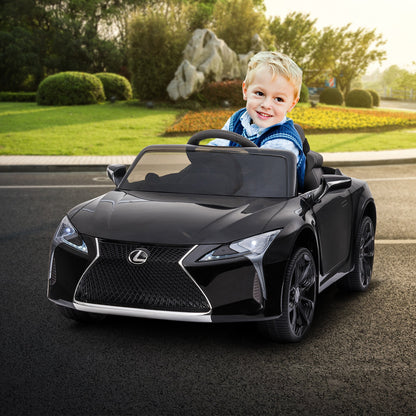 Child in a toy car with a scenic background