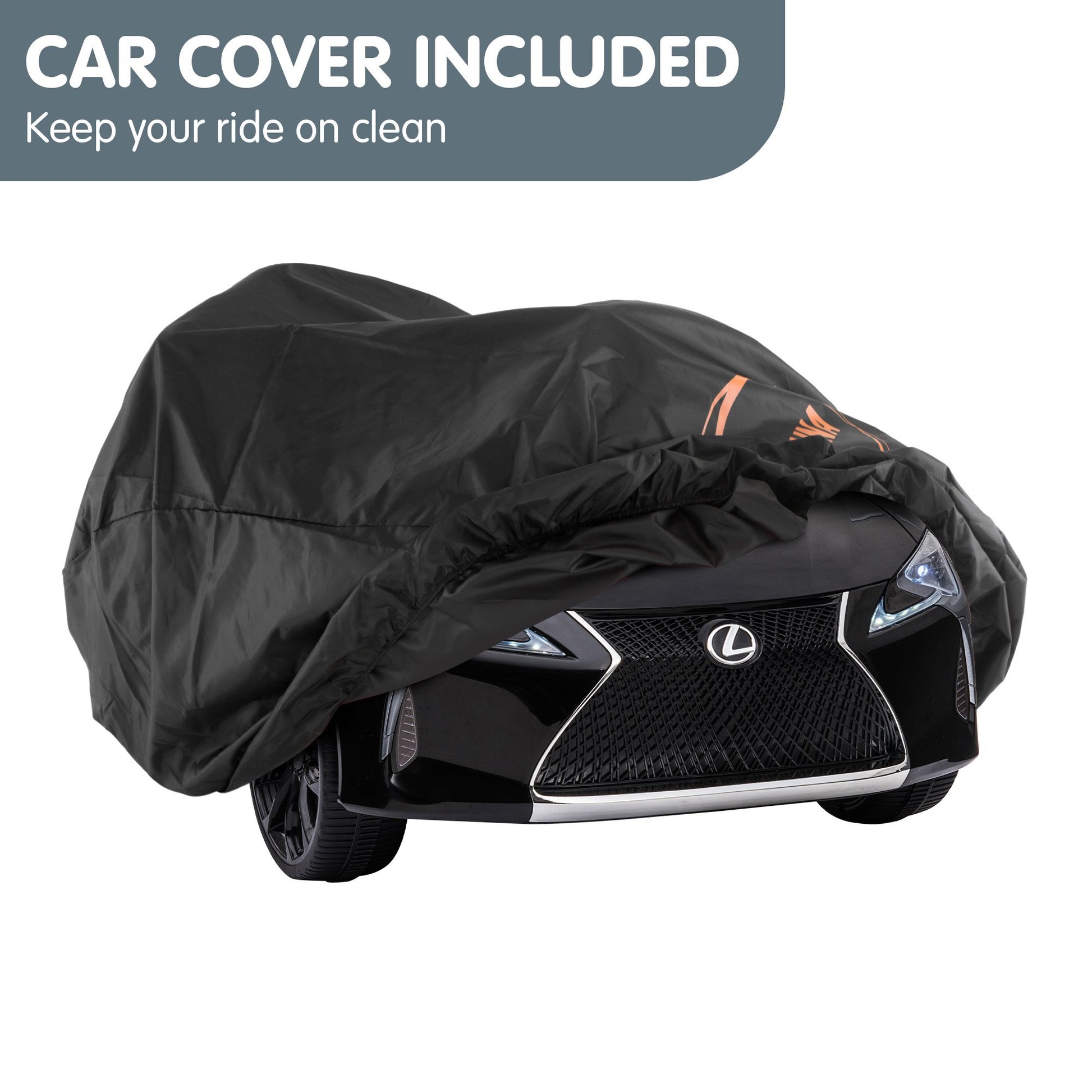 Black car cover on a Lexus vehicle with text 'Car Cover Included' and 'Keep your ride on clean'.