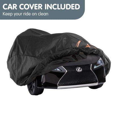 Black car cover on a Lexus vehicle with text 'Car Cover Included' and 'Keep your ride on clean'.