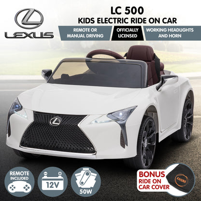 White Lexus LC 500 kids electric ride-on car with features listed on a white background