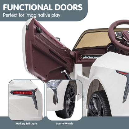 Children's toy car with open doors, working tail lights, and sporty wheels on a white background.