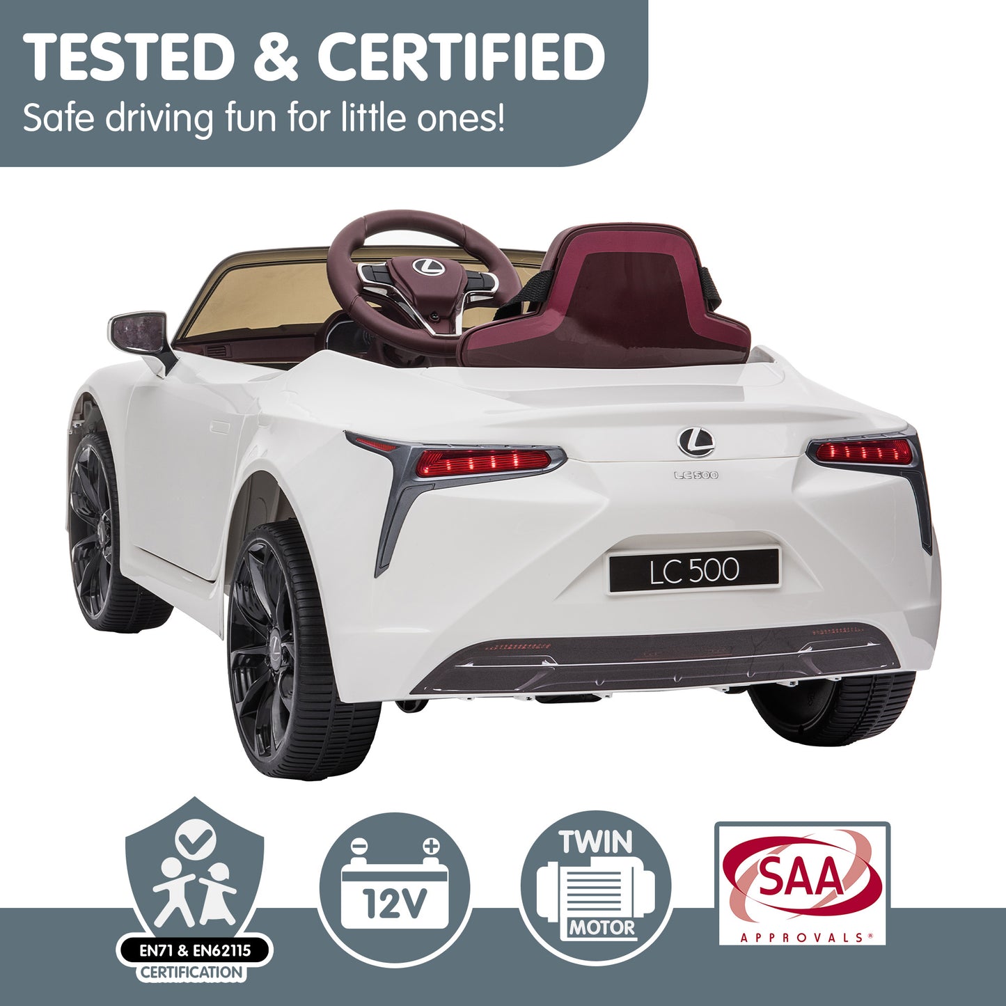 White toy car with maroon interior on a white background, featuring certification logos.