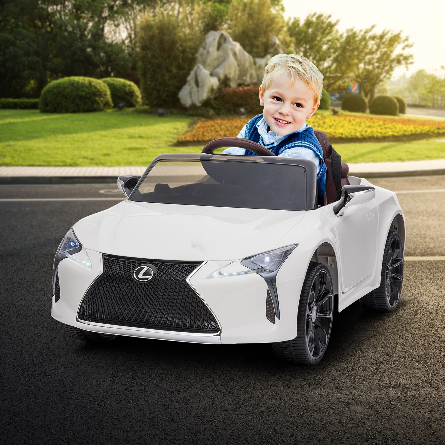 Child in a toy Lexus car on a road with a scenic background
