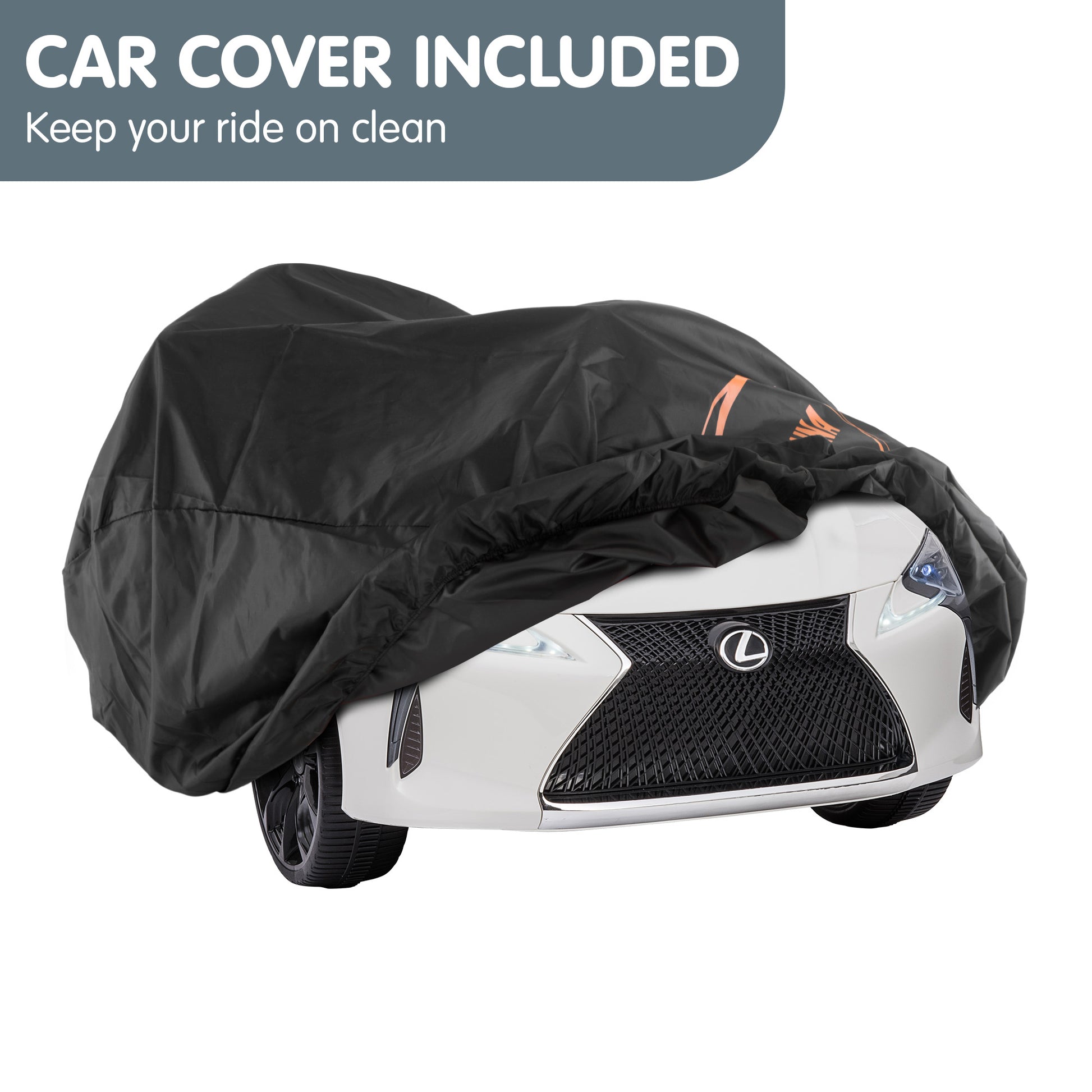 Black car cover on a white Lexus car with text 'Car Cover Included' and 'Keep your ride on clean'.