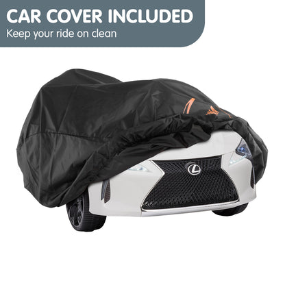 Black car cover on a white Lexus car with text 'Car Cover Included' and 'Keep your ride on clean'.
