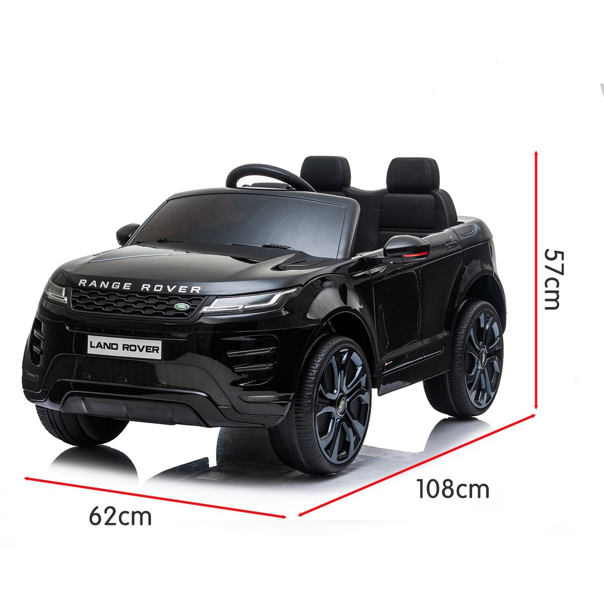 Black toy Range Rover with dimensions on a white background