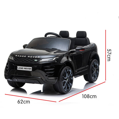 Black toy Range Rover with dimensions on a white background