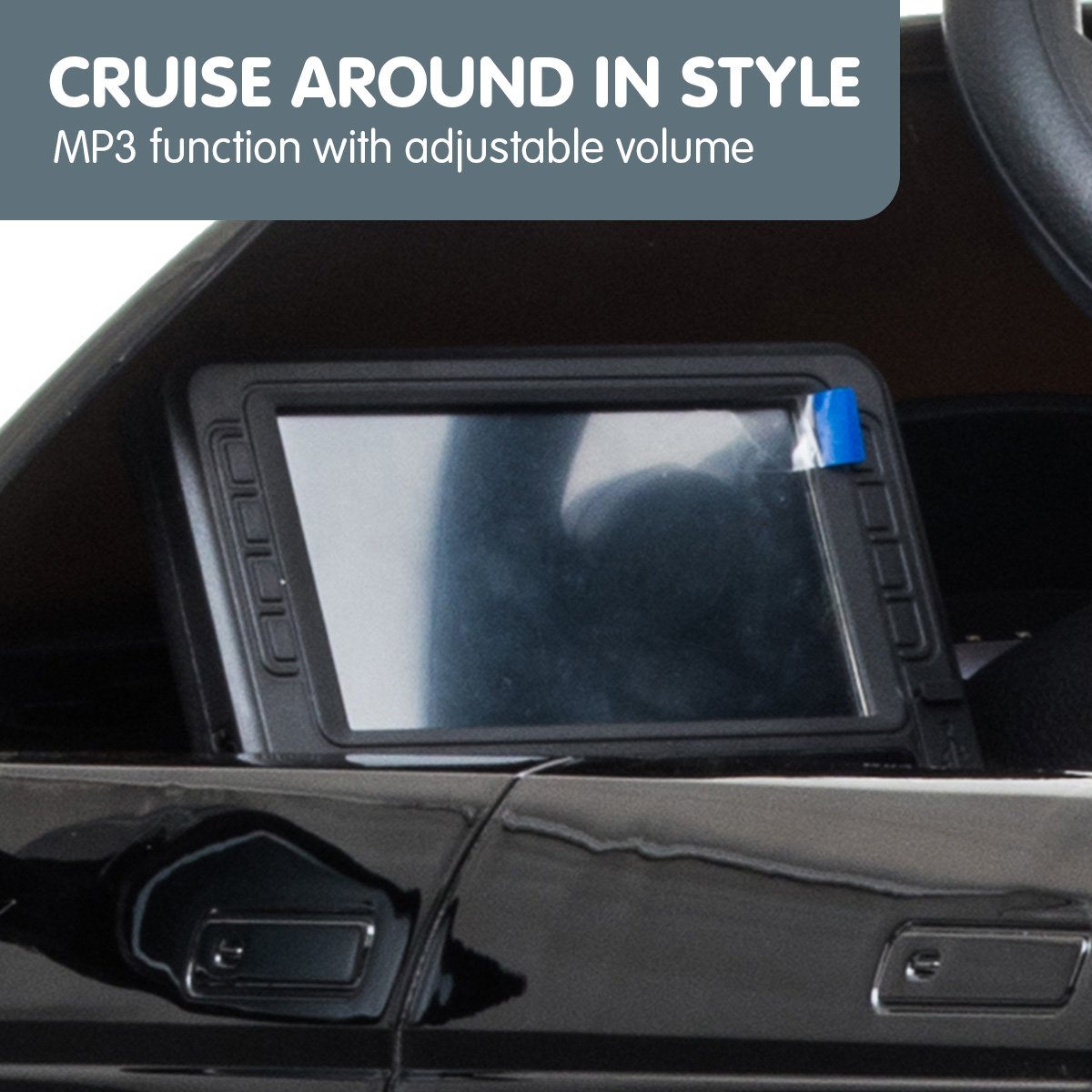 Car dashboard with an MP3 player and screen, featuring text 'Cruise around in style' and 'MP3 function with adjustable volume'.