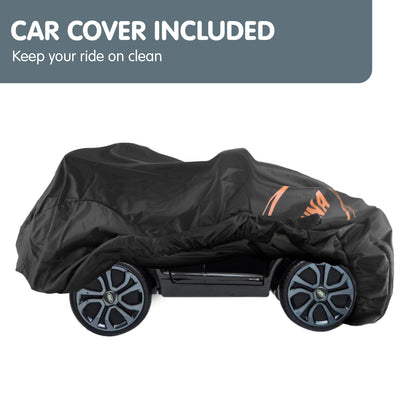 Black car cover on a vehicle with text 'Car Cover Included' above.