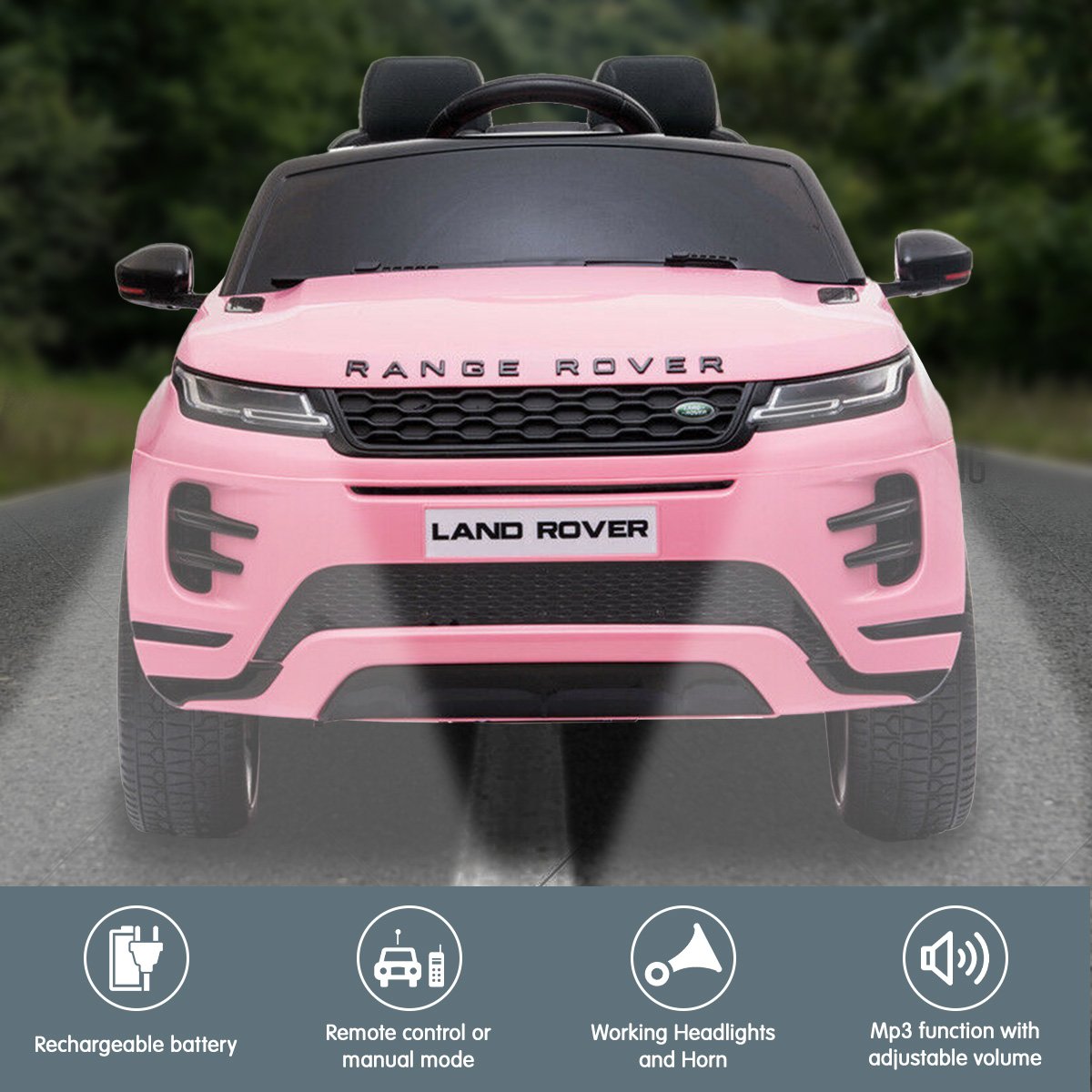 Pink toy Range Rover on a road with greenery in the background