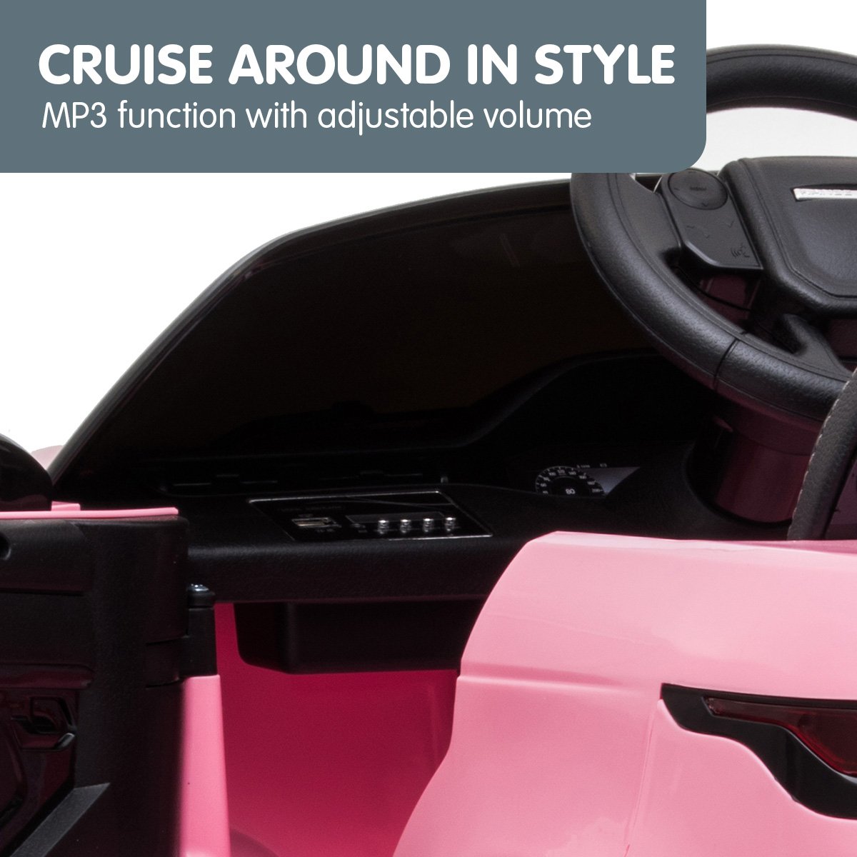 Car interior with pink seats and steering wheel, featuring an MP3 function with adjustable volume.