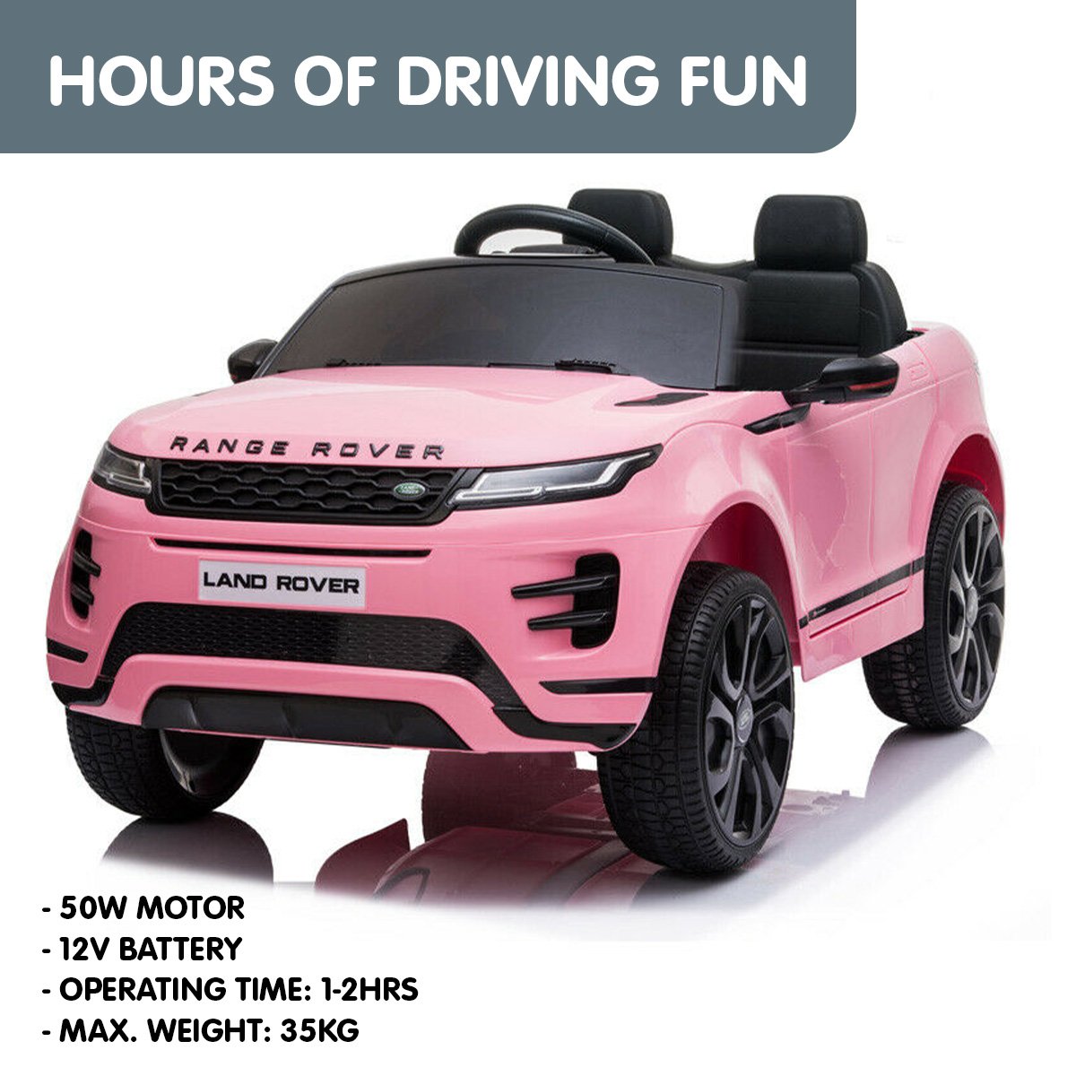 Pink toy car resembling a Range Rover with specifications on a white background
