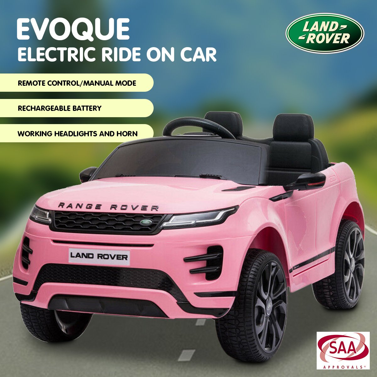 Pink Land Rover Evoque electric ride-on car with brand logos on a blurred outdoor background